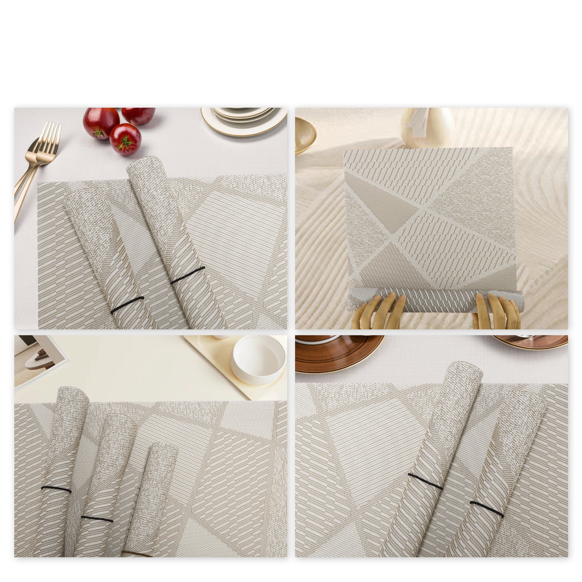 Unique Bargains 4 Pcs Blocks Pattern PET Heat Resistant Washable Placemats Khaki