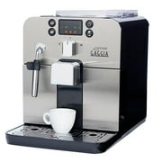 gaggia brera super automatic espresso machine in black. pannarello wand frothing for latte and cappuccino drinks. espresso from pre-ground or whole bean coffee.