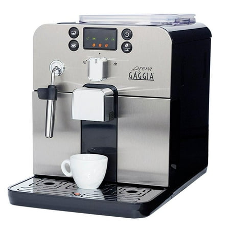 gaggia brera super automatic espresso machine in black. pannarello wand frothing for latte and cappuccino drinks. espresso from pre-ground or whole bean