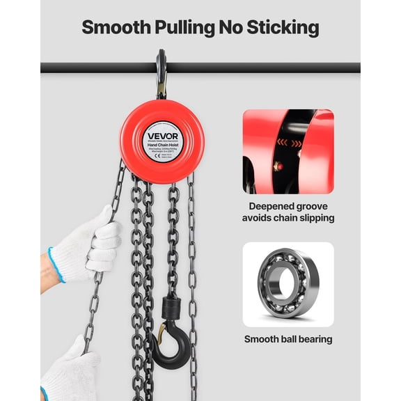 2200 lbs Capacity Hand Chain Hoist, 20 ft Lift, Galvanized G70 Chain, Red Finish