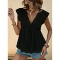 thumbnail image 2 of Deliqiba Women'S Lace Trimmed V Neck Ruffled Sleeve Flared Eyelet Tank Blouse Top Black L, 2 of 5