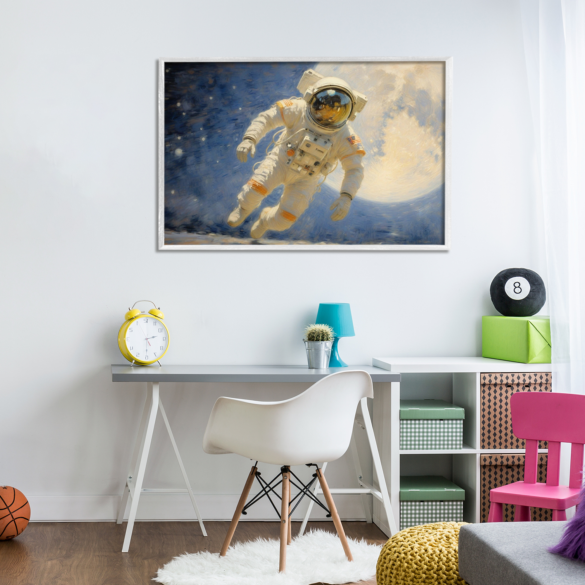Astronaut in Vast Galaxy White Framed Giclee Art, design by Angie Hawke