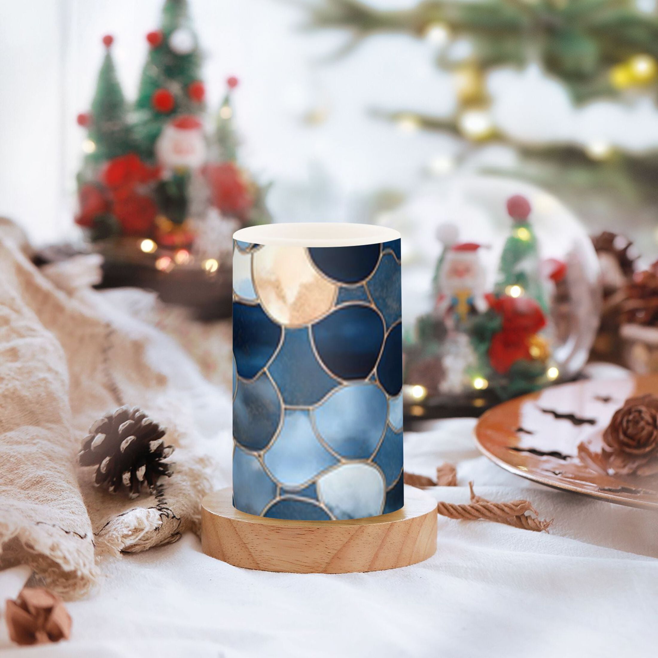 Blue Grey Abstract Art Flickering Flameless Candles Battery Operated with Remote Timer LED Pillar Candles Set of 2