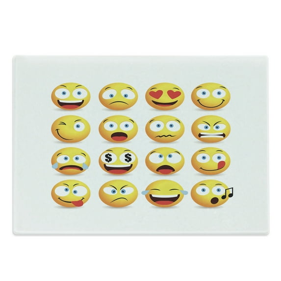 Emoticon Cutting Board, Smiling Faces Composition with Circular Shapes Various Emotions Singing and Angry, Decorative Tempered Glass Cutting and Serving Board, Large Size, Multicolor, by Ambesonne