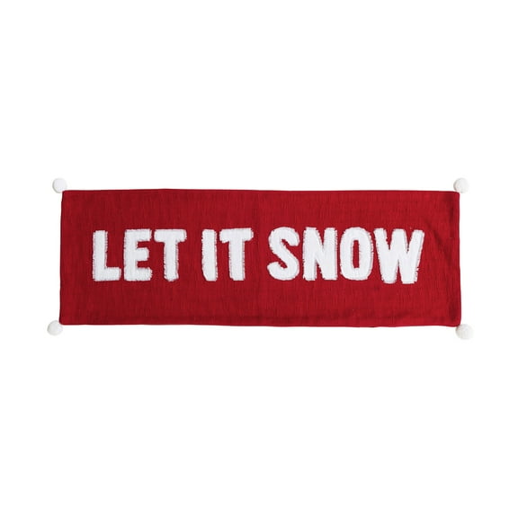 Creative Co-Op Woven Cotton Lumbar Pillow with Applique and Pom Poms "Let It Snow", Red and White