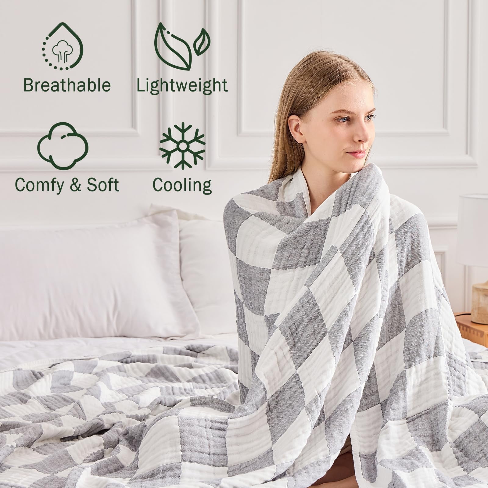 EMME Checkered Blanket Cotton Queen Size for Bed Soft Large 6 Layer Muslin Bed Blankets 80"x90" Lightweight Breathable Blanket All Season Gauze Blanket, Checkeredboard Grey