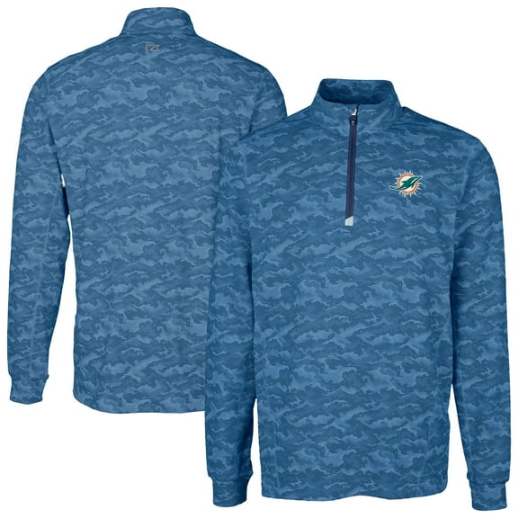 Men's Cutter & Buck Navy Miami Dolphins Traverse Camo Print Stretch Quarter-Zip Top