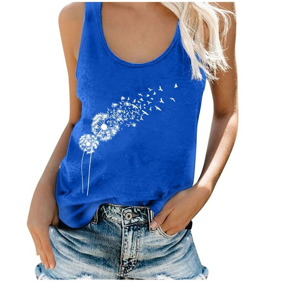 DQRPSEETB Tank Top for Women Cotton Women's Summer Round Neck Dandelion Printed Sleeveless T Shirt Loose Tank Top Oversized Tshirts for Women