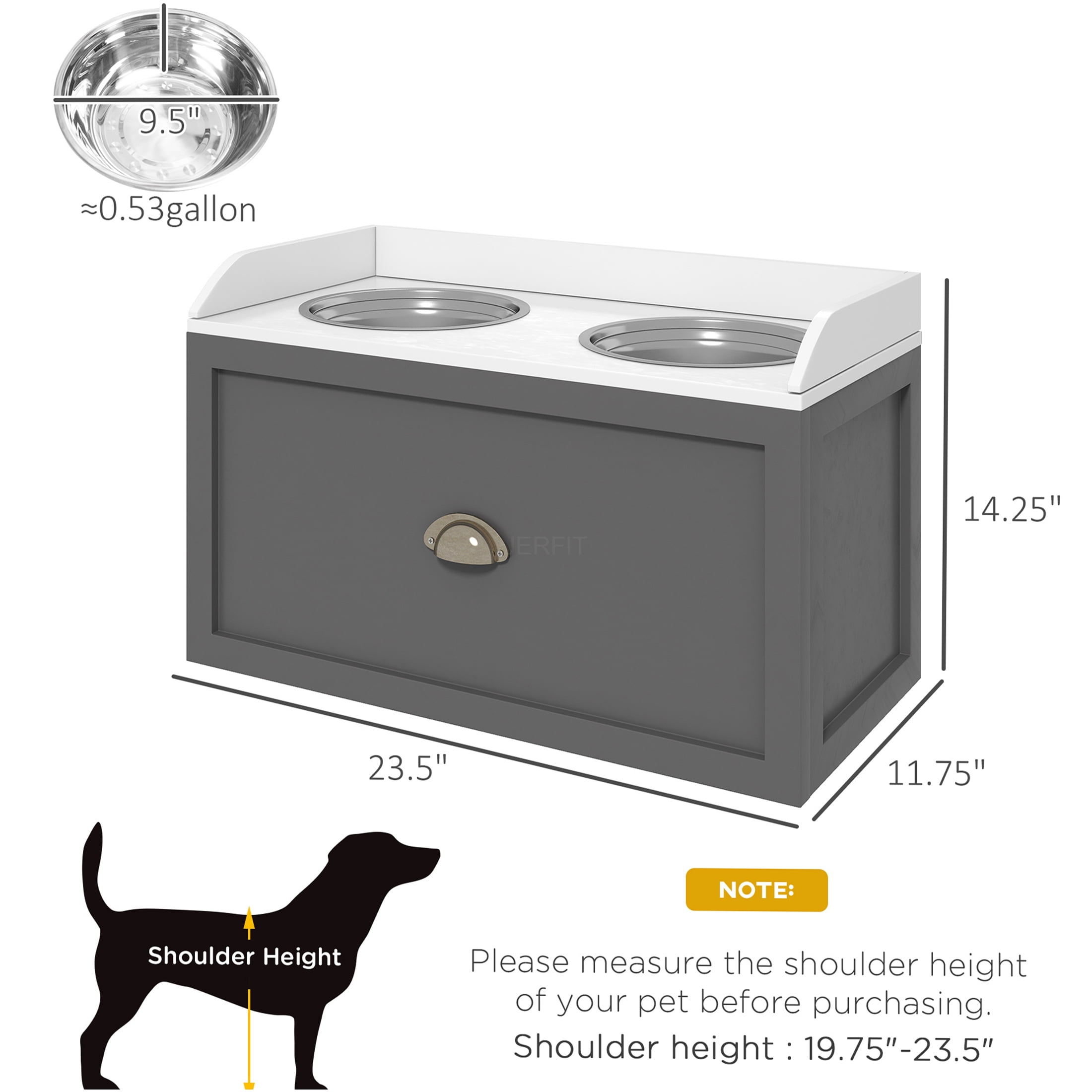 JERFIT 21L Storage Raised Dog Feeder Stand with 2 Stainless Steel Bowls, Elevated Dog Bowls for Large Dogs, Gray