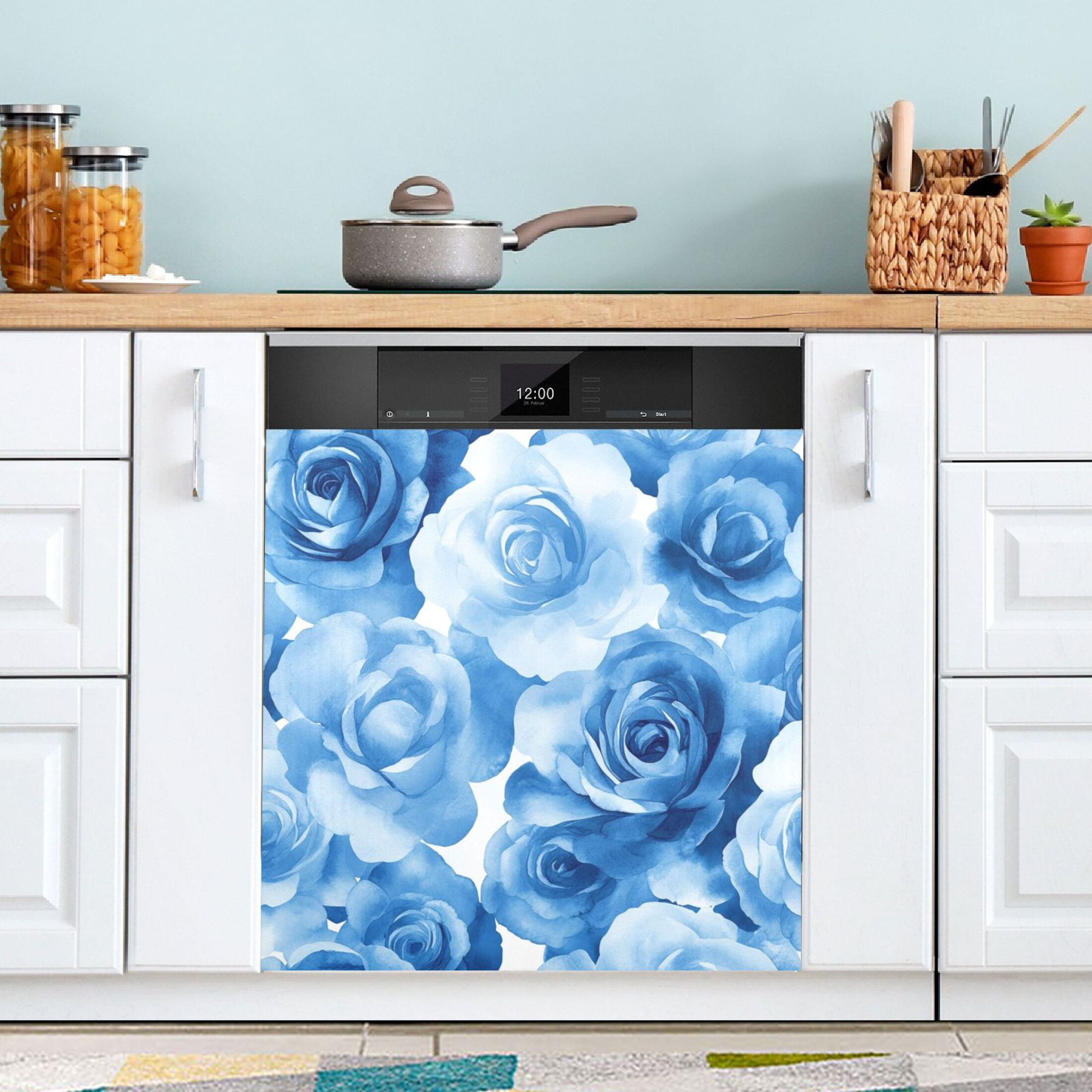 Dishwasher Magnetic Sticker 23x26 Inch Refrigerator Magnetic Sticker Washing Machine Magnetic Sticker Kitchen Panel Magnetic Sticker Home Decor Cartoon Blue Roses Seamless