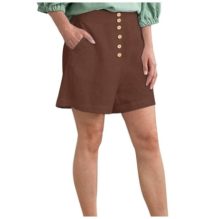 

YanHoo Women s Baggy Linen Shorts Buttons High Waist Wide Leg Pants Summer Solid Casual Shorts with Pockets