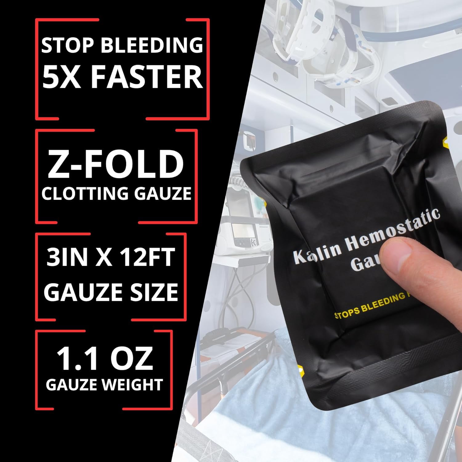 First Aid Advanced Quick Clotting Combat Hemostatic Gauze 3" x 12.5' - Emergency Zip Stitch Wound Closure Strips, Sutures Butterfly Bandaids, Surgical Laceration Repair Without Stiches