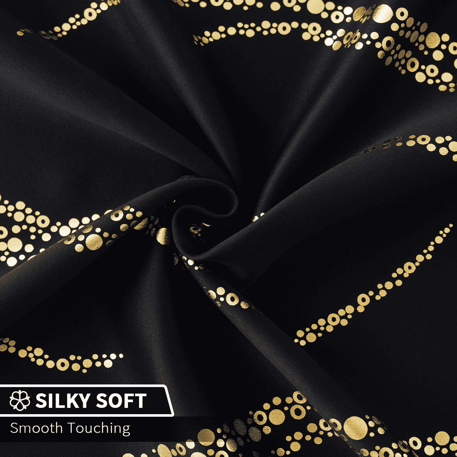 Yakamok Blackout Curtains for bedroom - Wave Line with Dots Gold Print Design Noise Reducing Thermal Insulated Solid Ring Top Blackout Window Drapes for Livingroom (2 Panels, 52 x 63 Inch, Black)