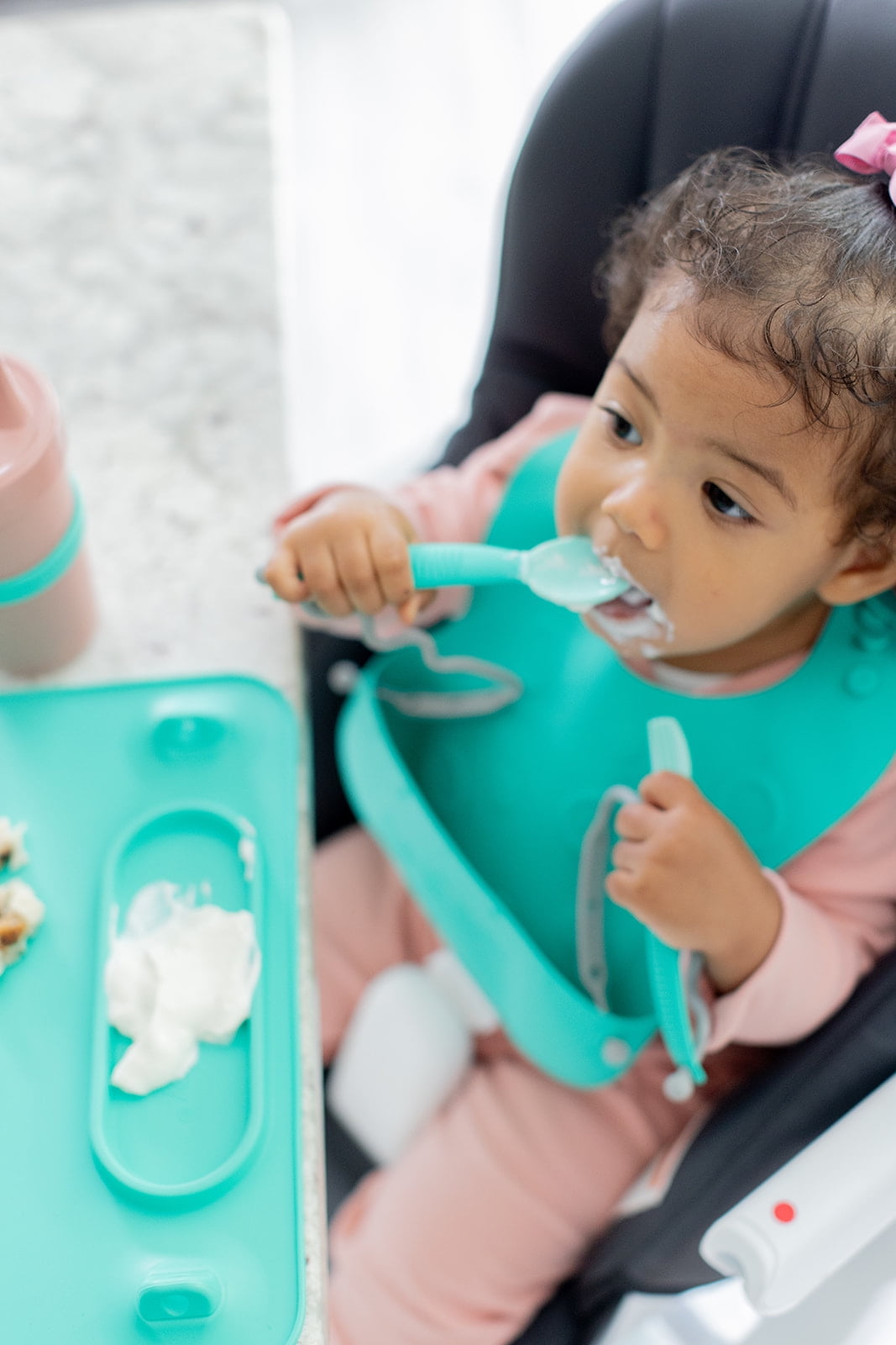 Busy Baby Silicone, BPA-Free Toddler and Baby Bib with Food Catcher and Utensil Straps, Spearmint