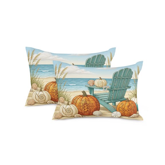 Set of 2 Thanksgiving Beach Pillow Covers 12x20 Inch, Nautical Ocean Pumpkin Seashell Chair Coral Decorative Throw Pillow Cases Cotton Cushion Covers for Sofa Couch Bed Living Room Bedroom Decor