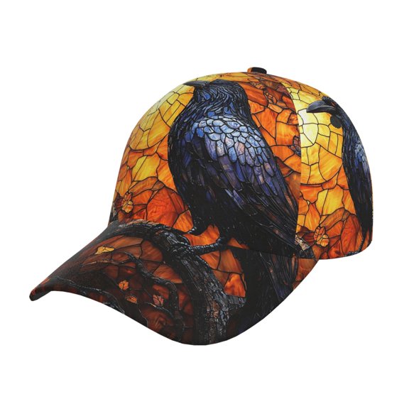 Baseball Cap Adjustable Trucker Sun Hat Outdoor Snapback Dad Caps , Mysterious Crow Stained Glass Art