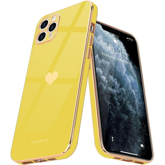 for iPhone 11 Pro Max Case for Girl Women Cute Love-Heart Luxury Bling Plating Soft Back Cover Raised Full Camera Protection Silicone Shockproof Phone Case for iPhone 11 Pro Max, Yellow