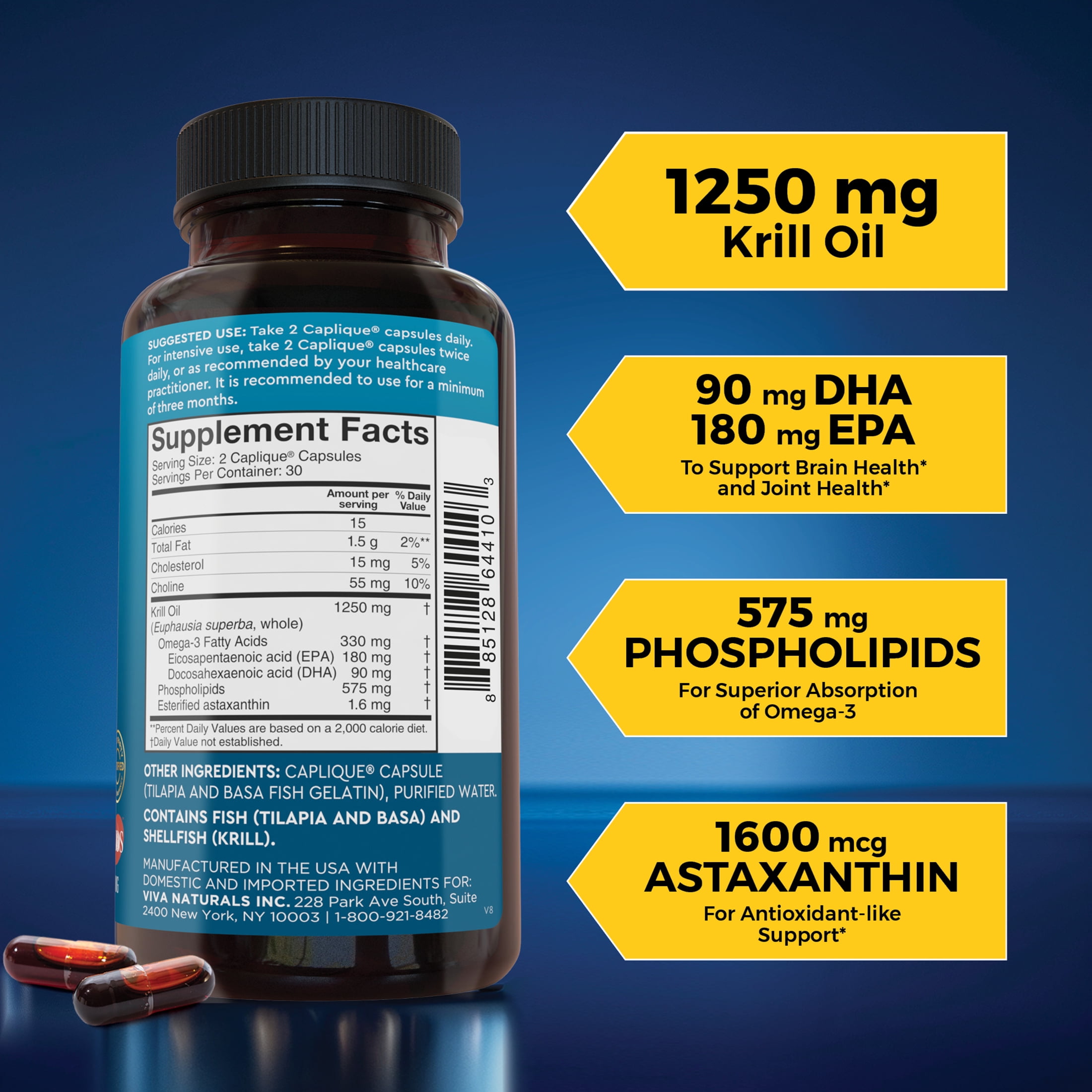 Viva Naturals Antartic Krill Oil 1250 mg, 60 Pescatarian- Friendly Capsules, Brain & Joint Support*