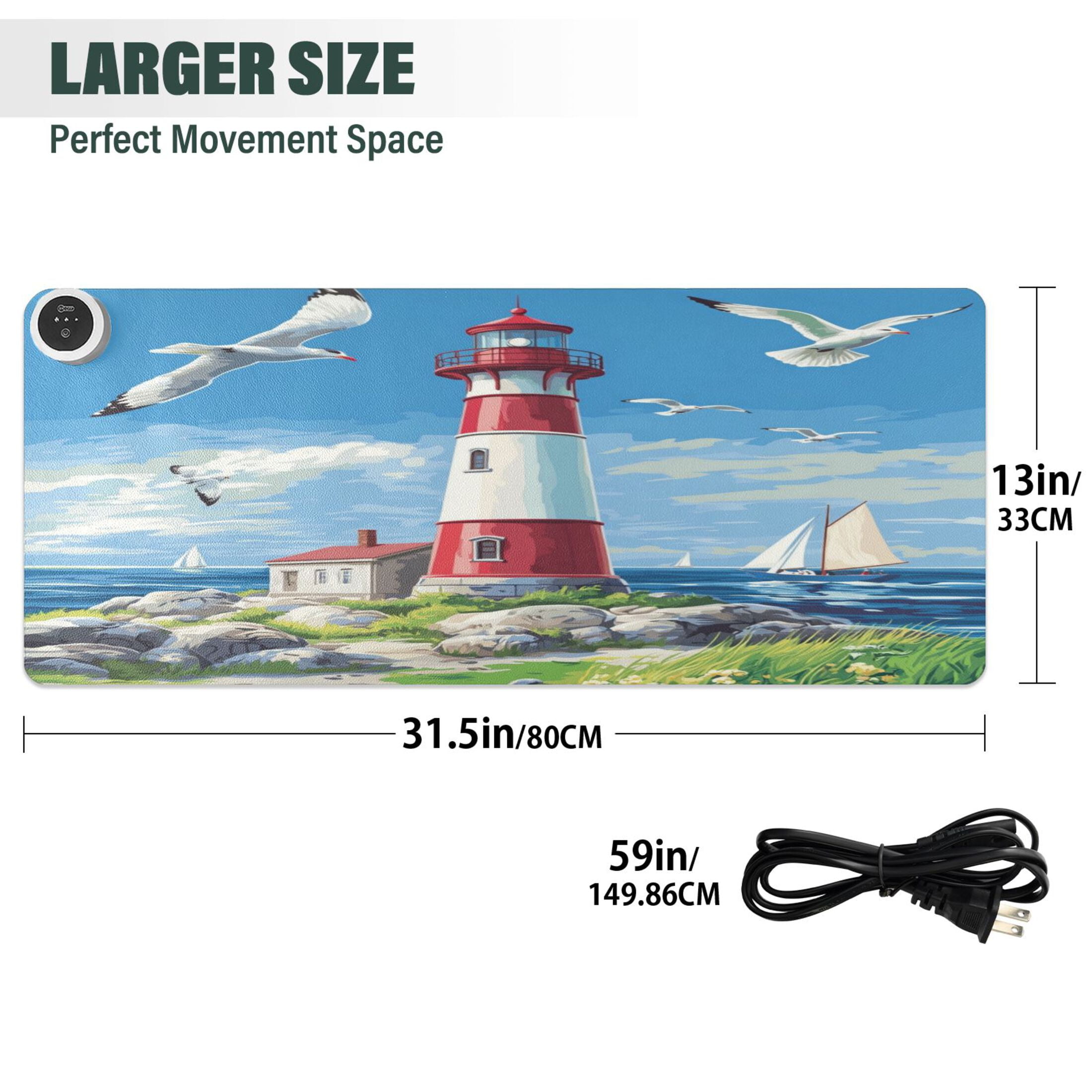 Wobogo Coastal Lighthouse Heated Mouse Pad Extra-Large Desk Mat With 3 Heating Levels and 3-hour Auto Shut-Off Protection Ideal for Computer Keyboards Home Office Hand-warming Essential 31.5in × 13in