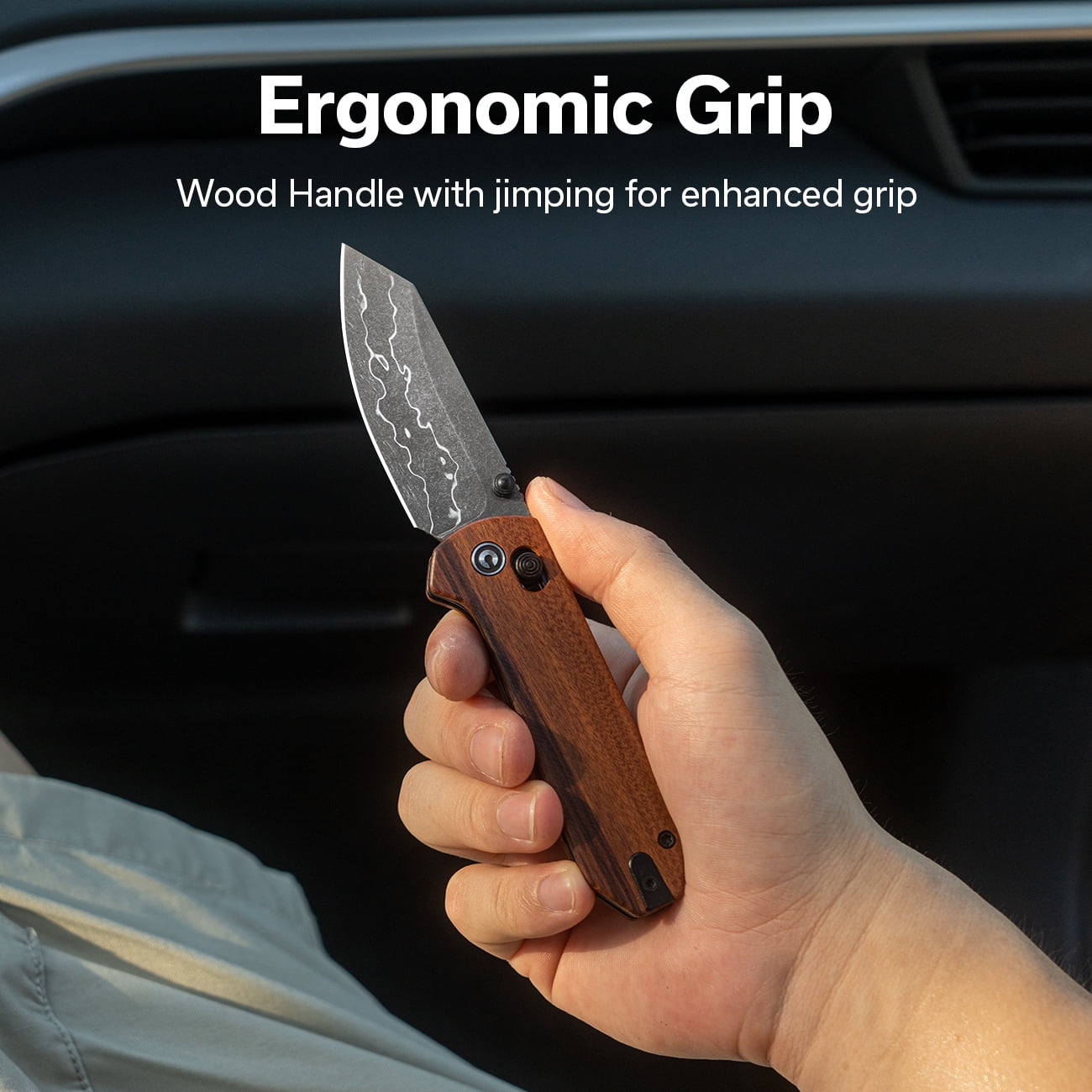 CIVIVI Yonder Folding Pocket Knife Crossbar Lock Knife with 2.88" Damascus Blade Wood Handle, Small Lightweight Knife Designed by Zac Whitmore C23073B-DS1