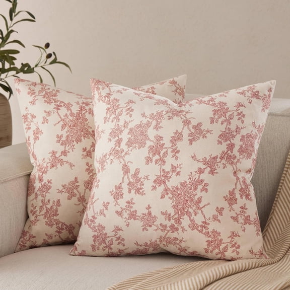100% Cotton French Pastoral Throw Pillow Covers Set of 2, 20x20 Inch Red Farmhouse Decorative Cushion Covers for Sofa Bed Living Room Home Decor