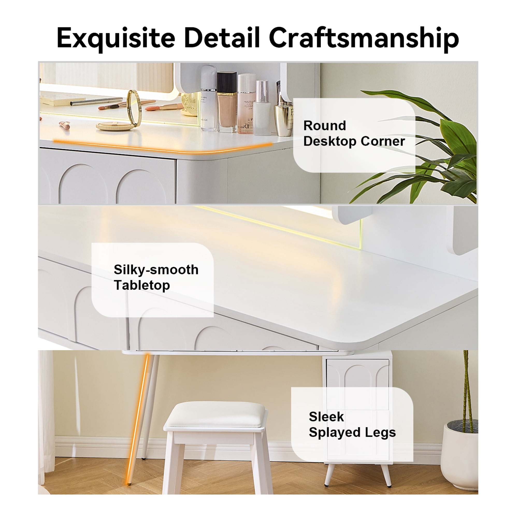 Modern Makeup Vanity Desk with LED Lights & Mirror,4 Drawer Dressing Table Set with 4 Drawer and Stool, 3 Colors Dimmable Brightness for Space-Saving,Bedroom,White
