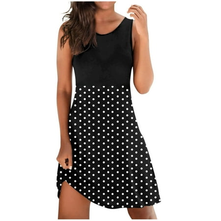 

Women s Tank Dress Summer Splicing Printed Crew Neck Patchwork Tunic Sleeveless Pullover Pleat Mini Beach Dress