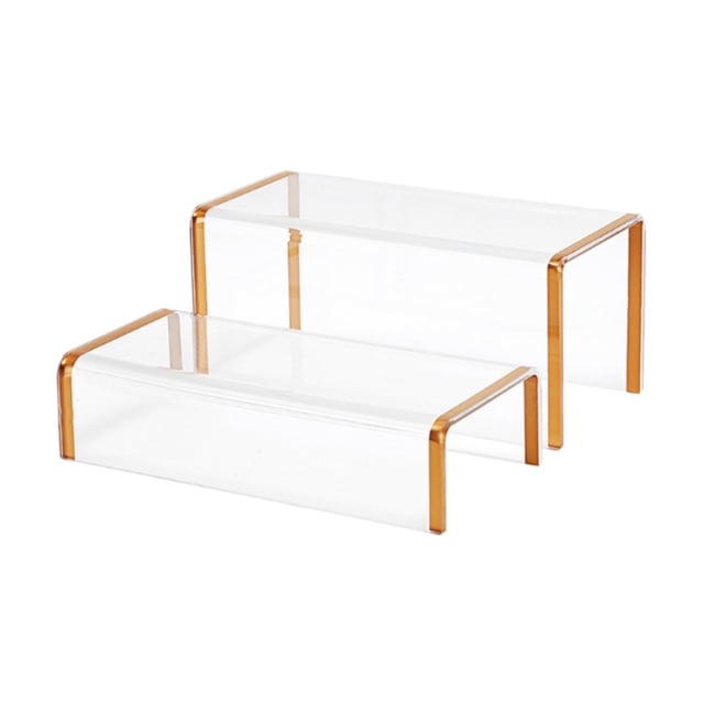 Juego de estantes de exhibición de acrílico transparente con elevadores multifuncionales para accesorios de zapatos al por menor rectangulares Borde dorado 2 piezas