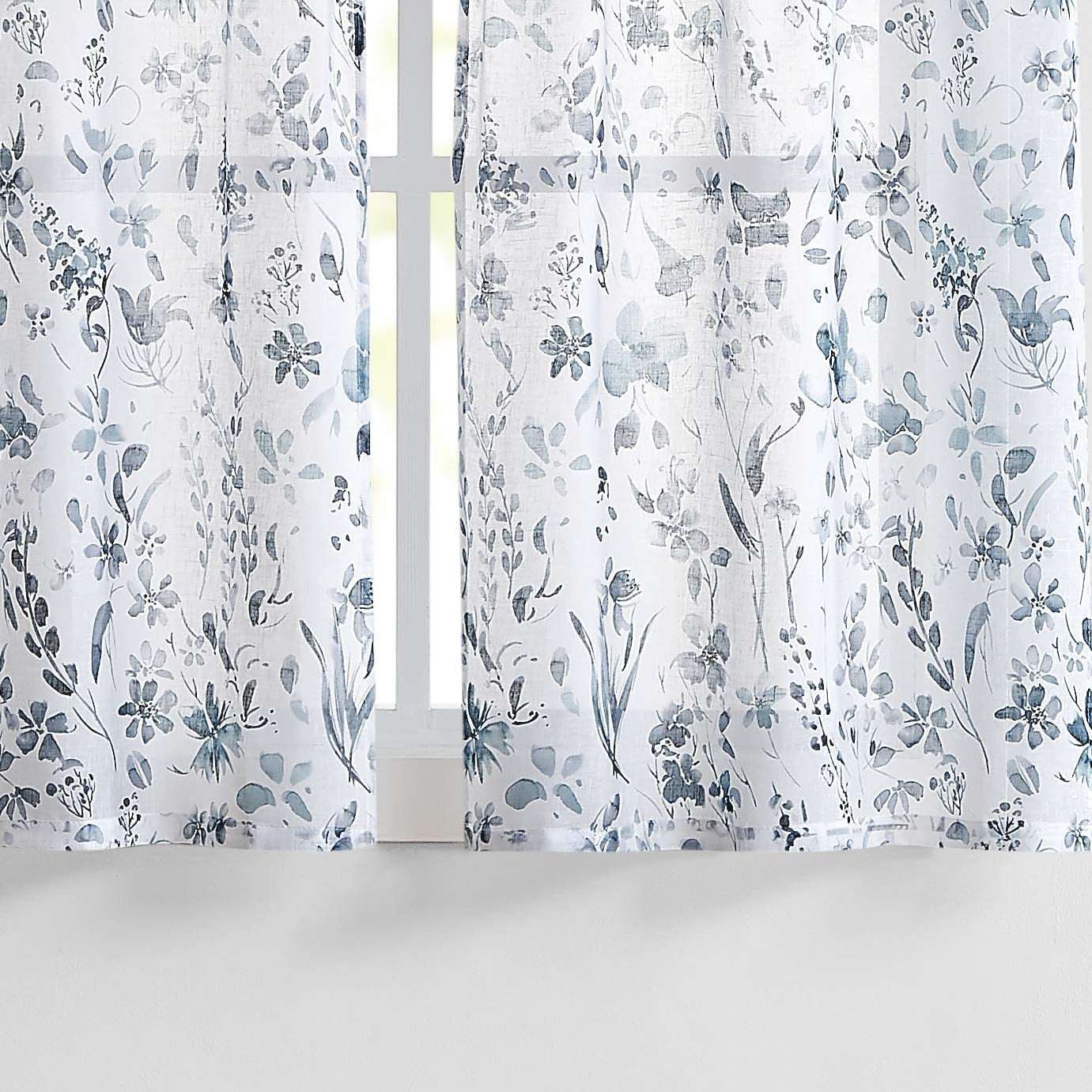 Fragrantex Gray Blue Kitchen Curtains Flower Small Curtains Linen ...