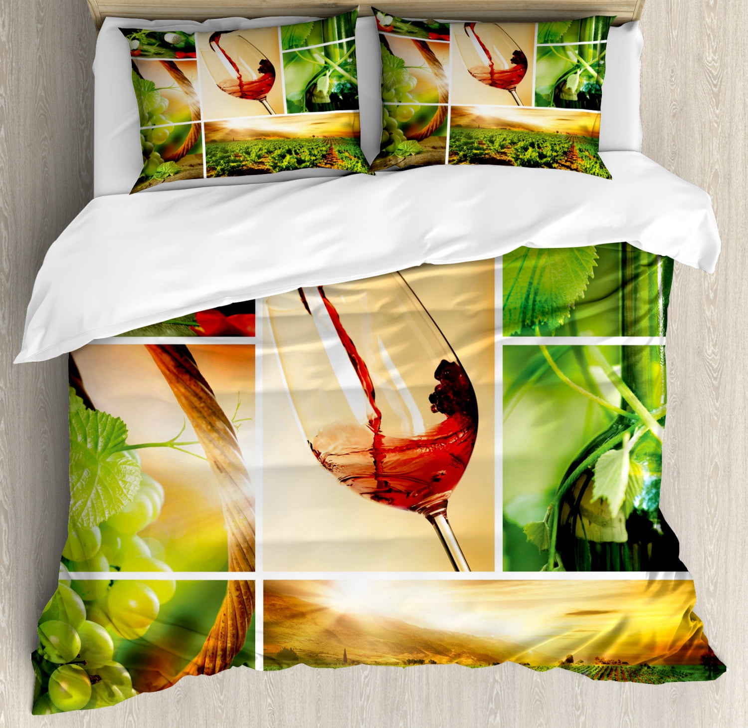 Wine Duvet Cover Set King Size, Wine Tasting and Grapevine Collage