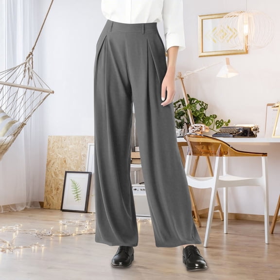 XUNKUSGA Dress Pants for Women Flowy Pleated Wide Leg Pants Woman Classic Solid Color Casual Work Pants Women Elastic High Waisted Palazzo Pants with Pockets S-5XL Gray