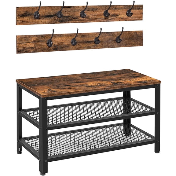 Entryway Storage Bench, Coat Rack Shoe Bench, Shoe Rack Organizer with Coat Hooks, 3-in-1 Design, Wooden Furniture with Metal Frame, Rustic Brown and Black