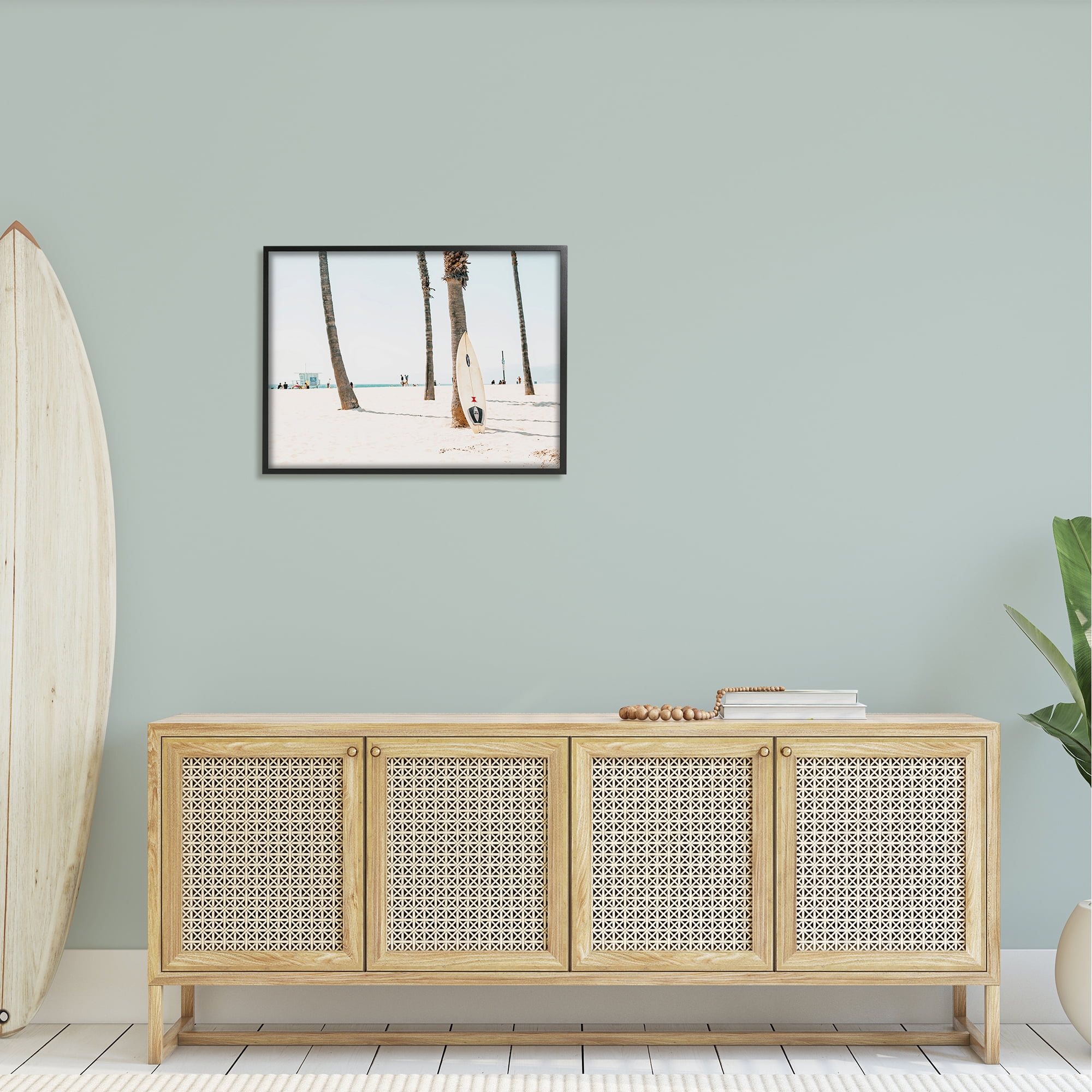 Stupell Surfboard Leaning Tropical Palm Trees Landscape Photography Black Framed Art Print Wall Art