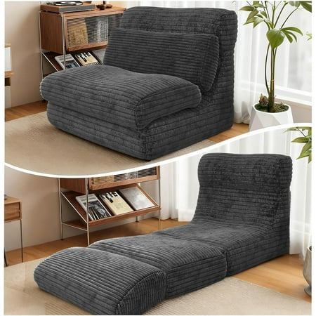 82” Boneless Couch Folding Futon Sofa Bed, Convertible Chaise Lounge Reading Chair Sleeper Chair with Pillow Back Support, Portable Fold Out Bed Cloud Couches for Living Room Bedroom (Black)