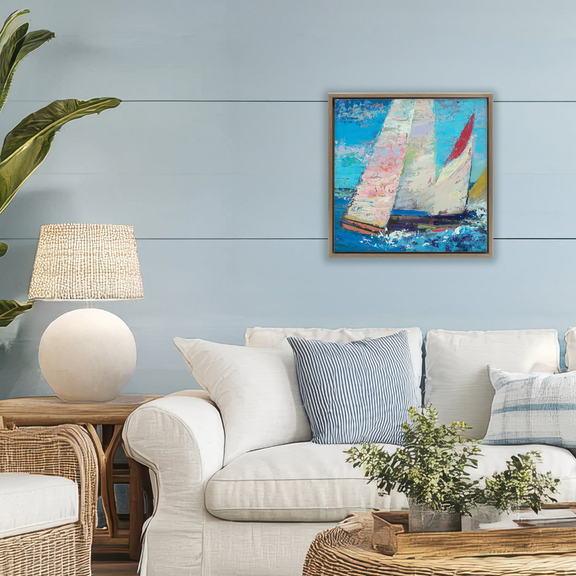 Stupell Industries Expressive Sailboats on Waves Brown Framed Floater Canvas Wall Art, design by Beth A. Forst