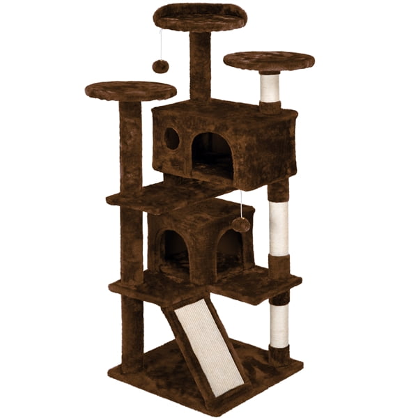 Topeakmart 54''H Multilevel Cat Tree Tower with 2 Condos & Fur Ball & Scratching Posts/Ramp, Brown