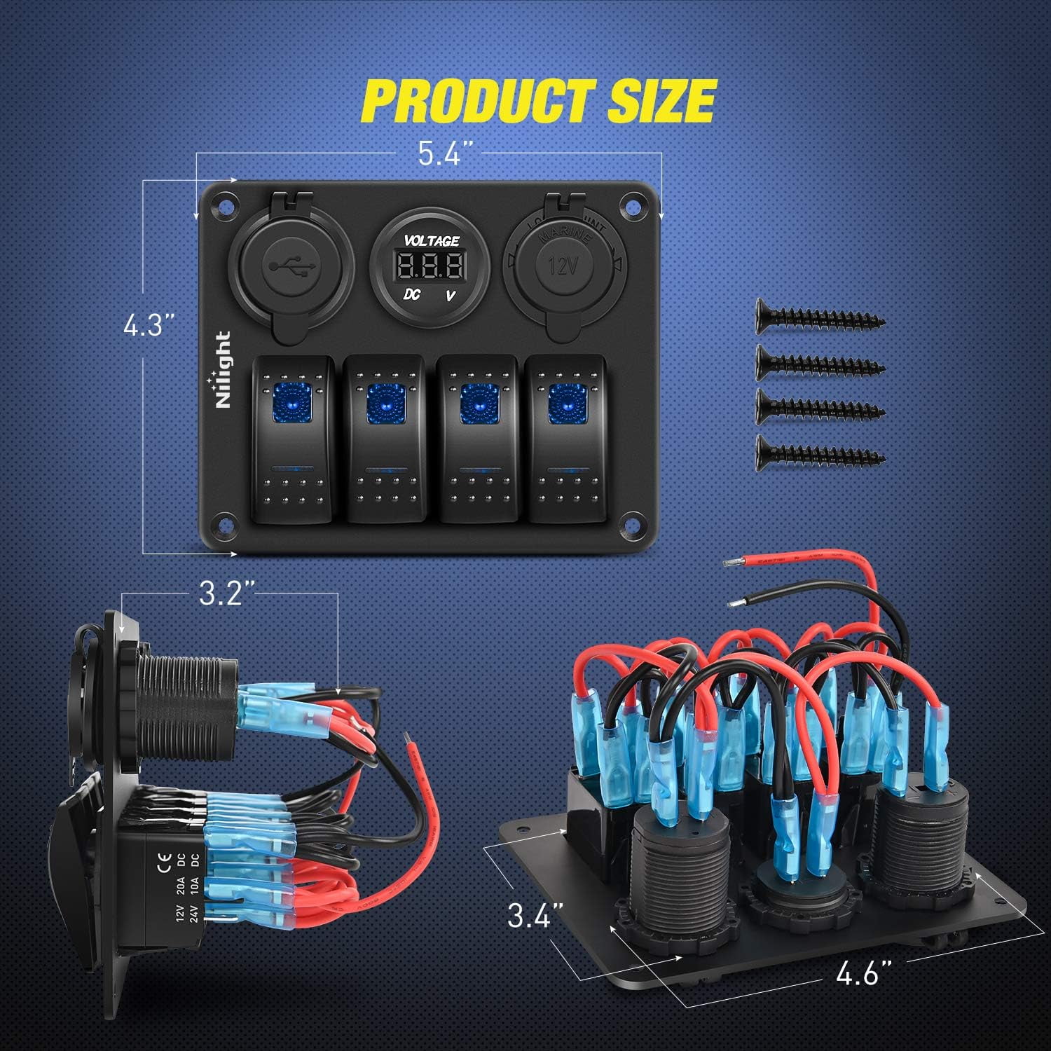 Nilight 4 Gang Rocker Switch Panel Waterproof Pre-Wired Aluminum Switch Panel with Dual USB Cigarette Lighter Socket Voltmeter12V-24V DC ON Off Switch Panel for Cars Rvs Trucks