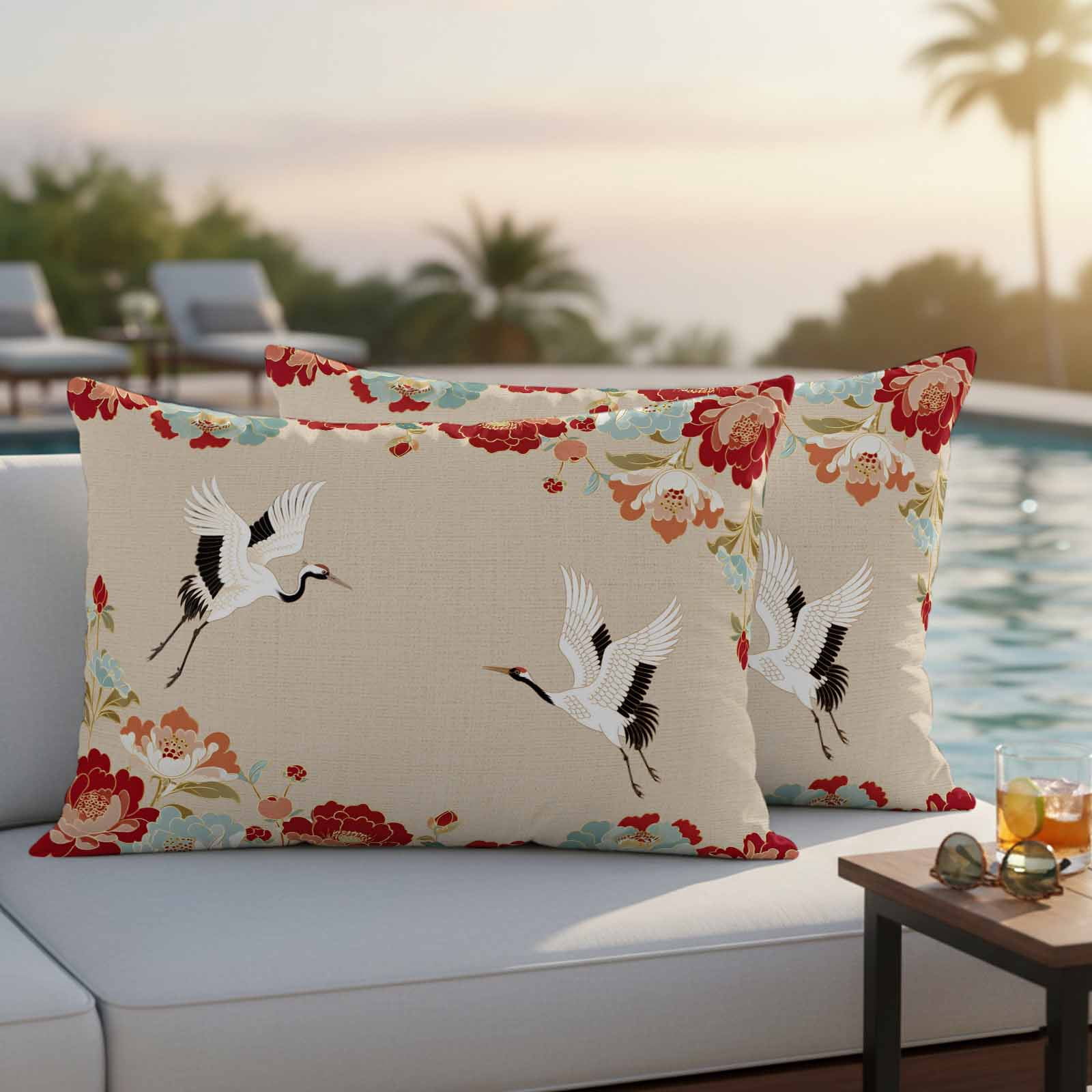 Pack of 2 Rustic Crane Outdoor Pillow Covers Decorative, Waterproof Pillow Protector, Vintage Red Teal Spring Floral Botanical Lumbar Throw Pillowcases for Patio Couch Sofa Home Decor 20"x12"