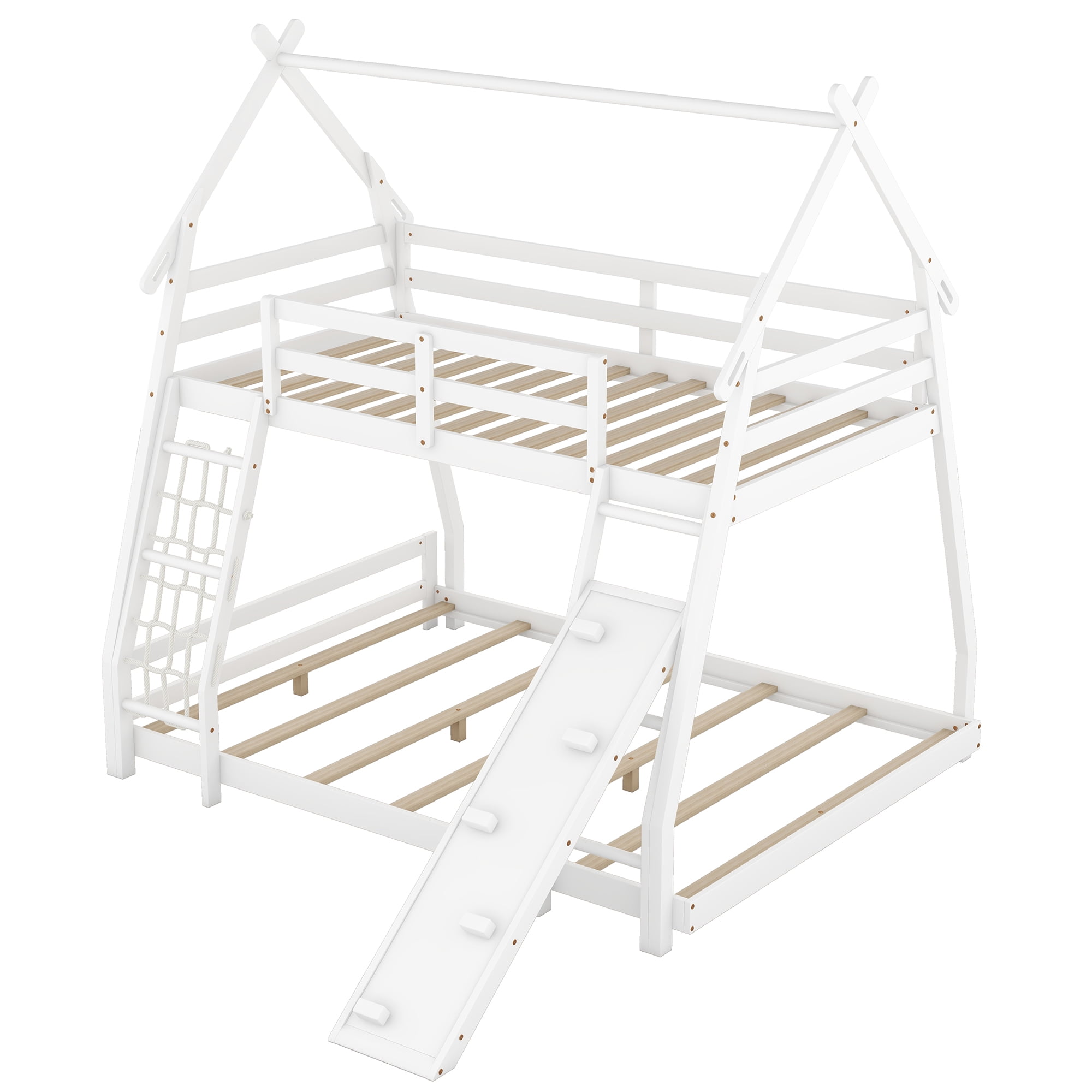 Euroco Twin over Queen Bunk Bed with Climbing Nets and Ramp for Kids Teens Bedroom, White