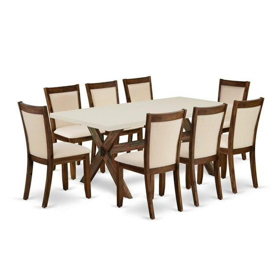 X727MZN32-9 Dining Table and 8 Light Beige Chairs - Distressed Jacobean Finish