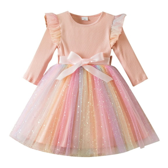 IVEYRTF Girls Long Sleeve Princess Dress Ruffled Lace Mesh Bow Skirt for Fall and Winter Toddler Kids Party Wear Holiday Birthday Outfit Everyday Play Dress(Pink,3 Years)