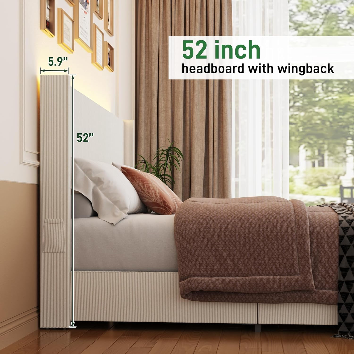 ANPOO Queen Size LED Upholstered Bed Frame with Drawer, Wingback Platform Bed Frame with 52" Headboard & Footboard, Corduroy Bed Frame No Box Spring Needed/Noise Free