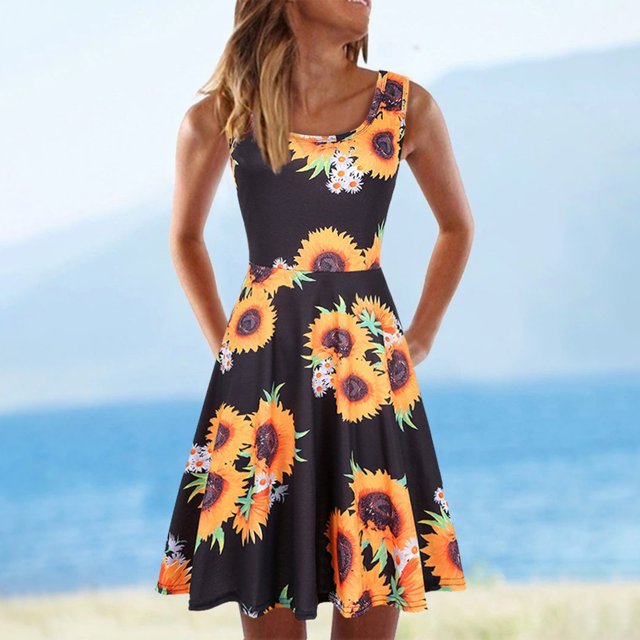 ICHUANYI Clearance Women Casual Sleeveless Dress Summer Print Dress For Beach(Black, S) ICHUANYI WER2023081108781