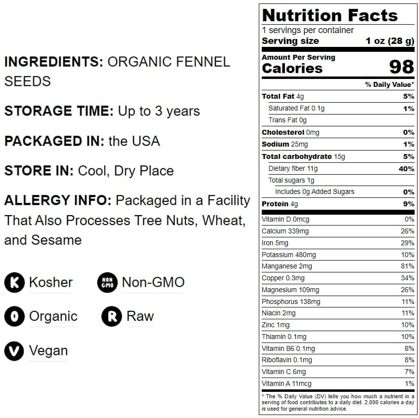 Organic Fennel Seeds, 3 Pounds — Whole, Non-GMO, Kosher, Vegan, Bulk - Food to Live