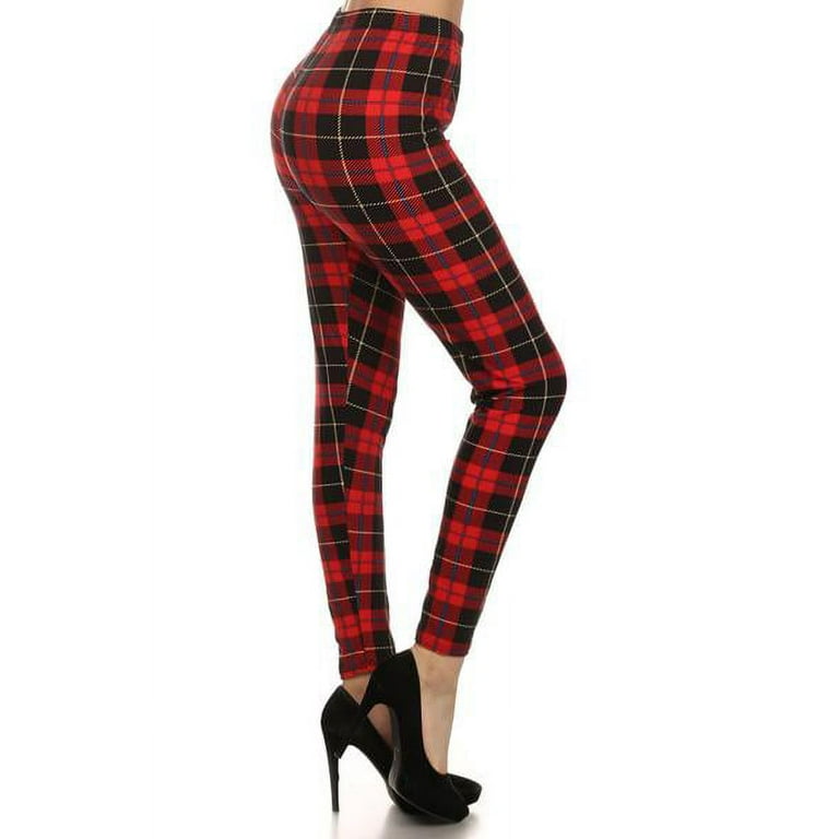 Womens Regular Size Red Plaid Design Leggings (One Size) 