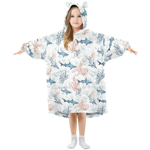 Wearable Blanket Hoodie for Kids Shark Flannel Hooded Blanket with Pockets and Sleeves Suitable for Boys and Girls