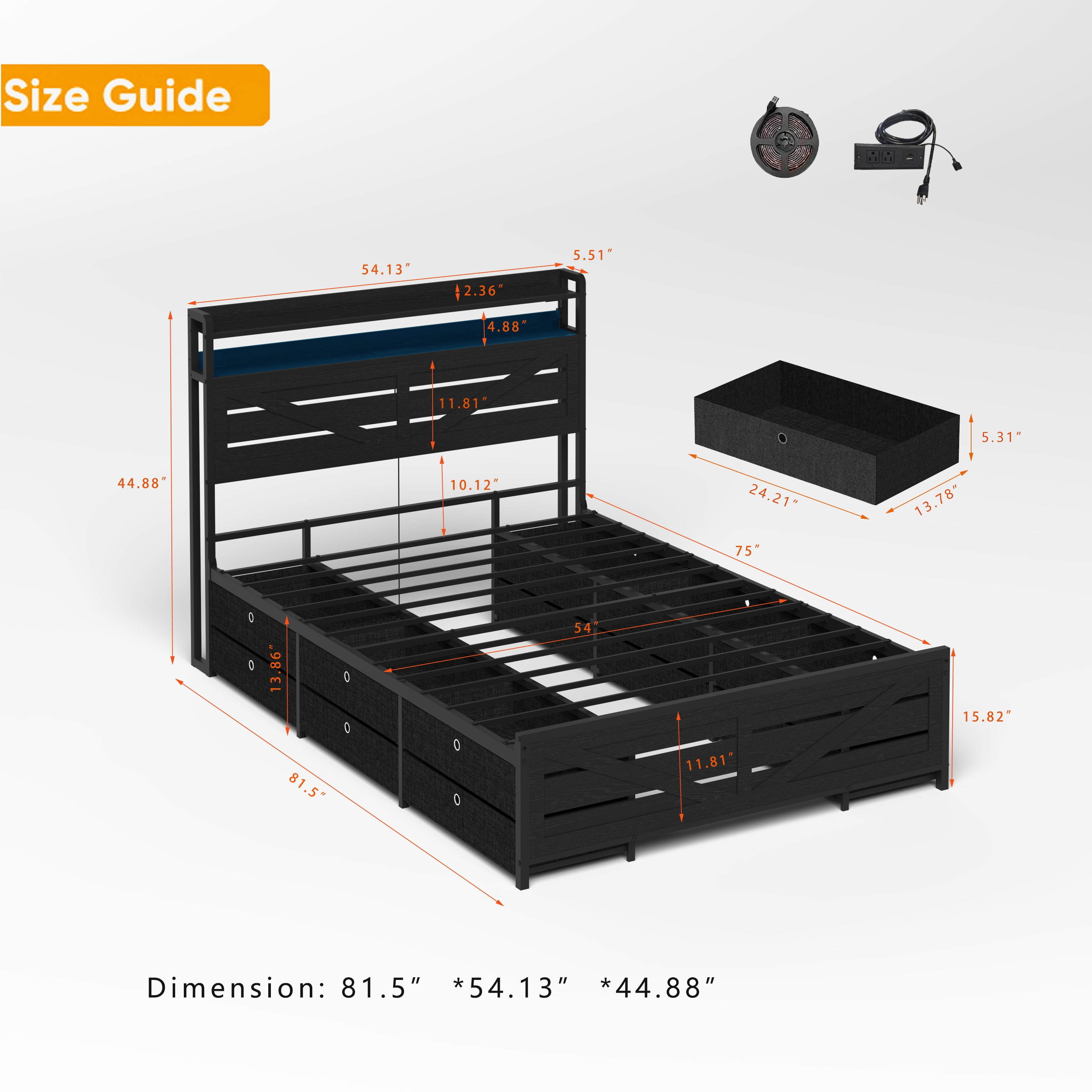 Miniyam Full Size Metal Bed Frame with Storage Drawers, Headboard with Charging Station & LED Lights, Noise-Free Platform Bed, Black