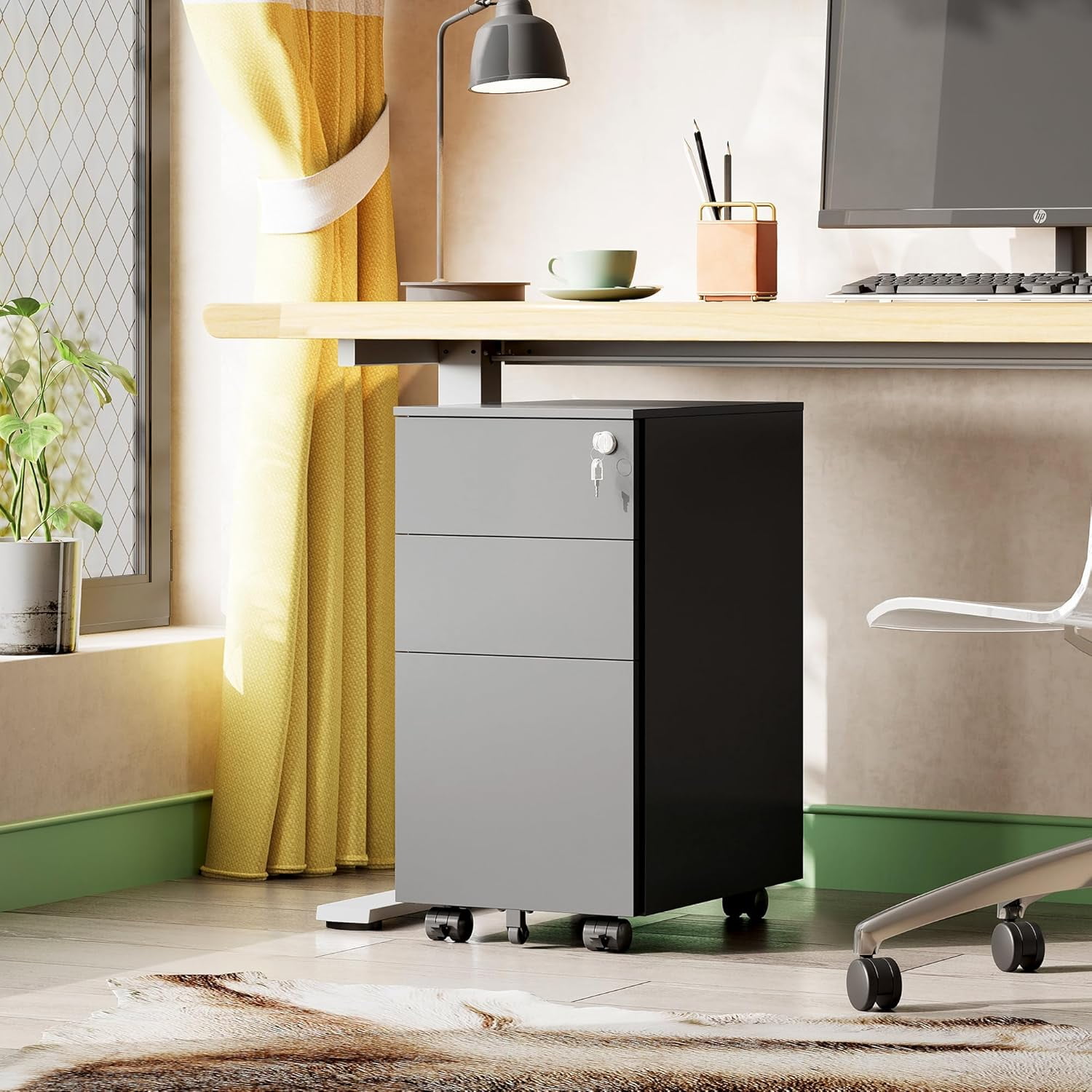 3 Drawer File Cabinet with Lock, Metal Rolling Filing Cabinets for Home Office, Small Under Desk Cabinet with Slim Width (11.8 inch), Black