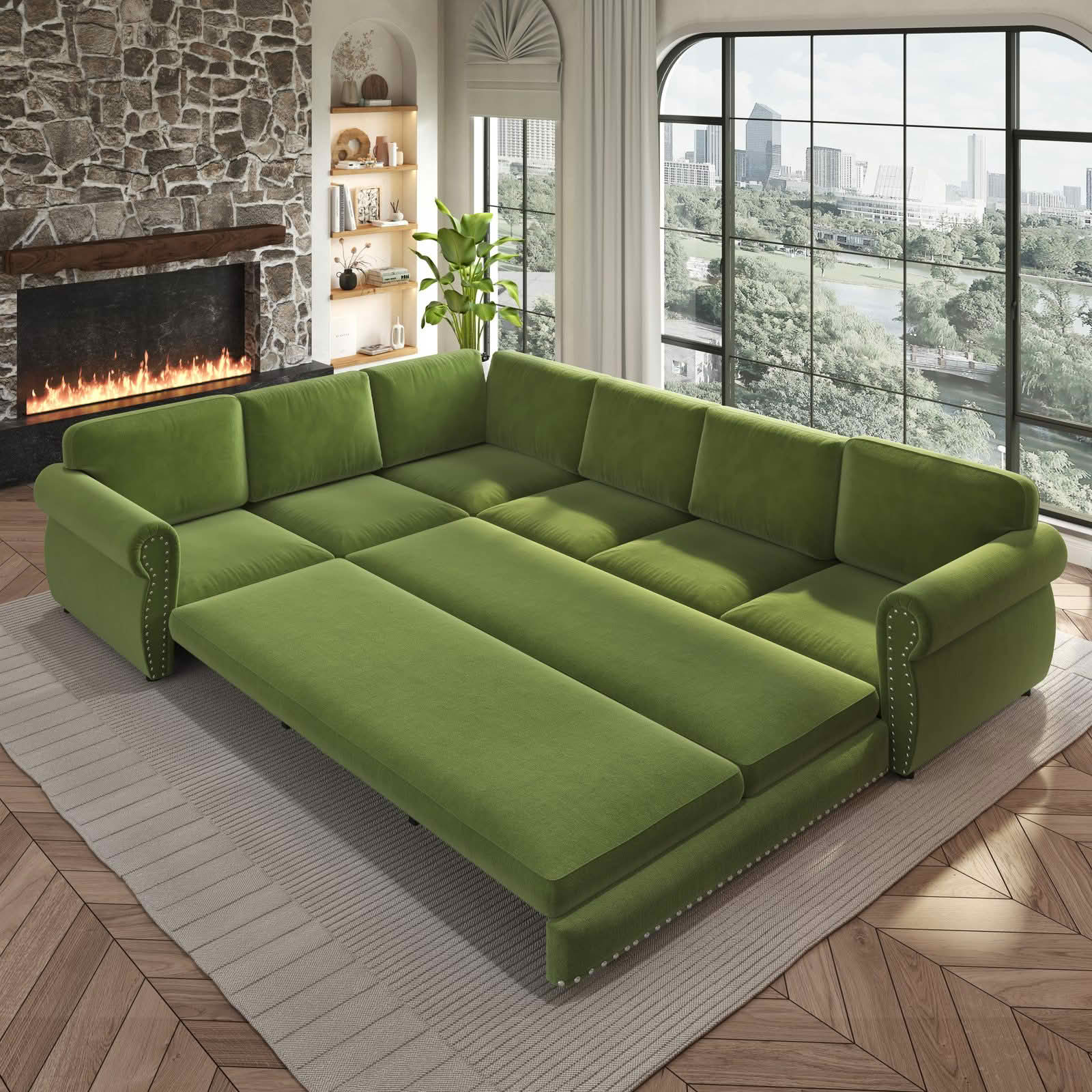 MAYEERTY 118" L‑Shaped Convertible Pull‑Out Sofa Bed, Chenille Sectional Couch with Nailhead Trim & Rolled Arms, Oversized Multifunctional Sleeper Sofa