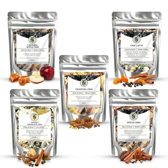 Nelson's Tea Chai Tea Sampler - Caramel Apple Chai, Celestial Chai, Chai Latte, Coconut Chocolate Chai, Spiced Chai (Sample Sizes)